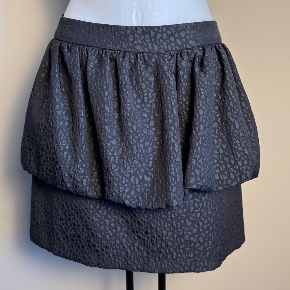 ZARA Black‎ Textured Peplum Mini Skirt Large Leopard Print Ruffle Balloon Puff